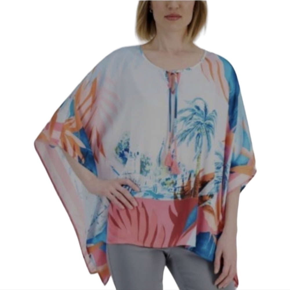 JM Collection Women's Tropical-Print Poncho Style Top